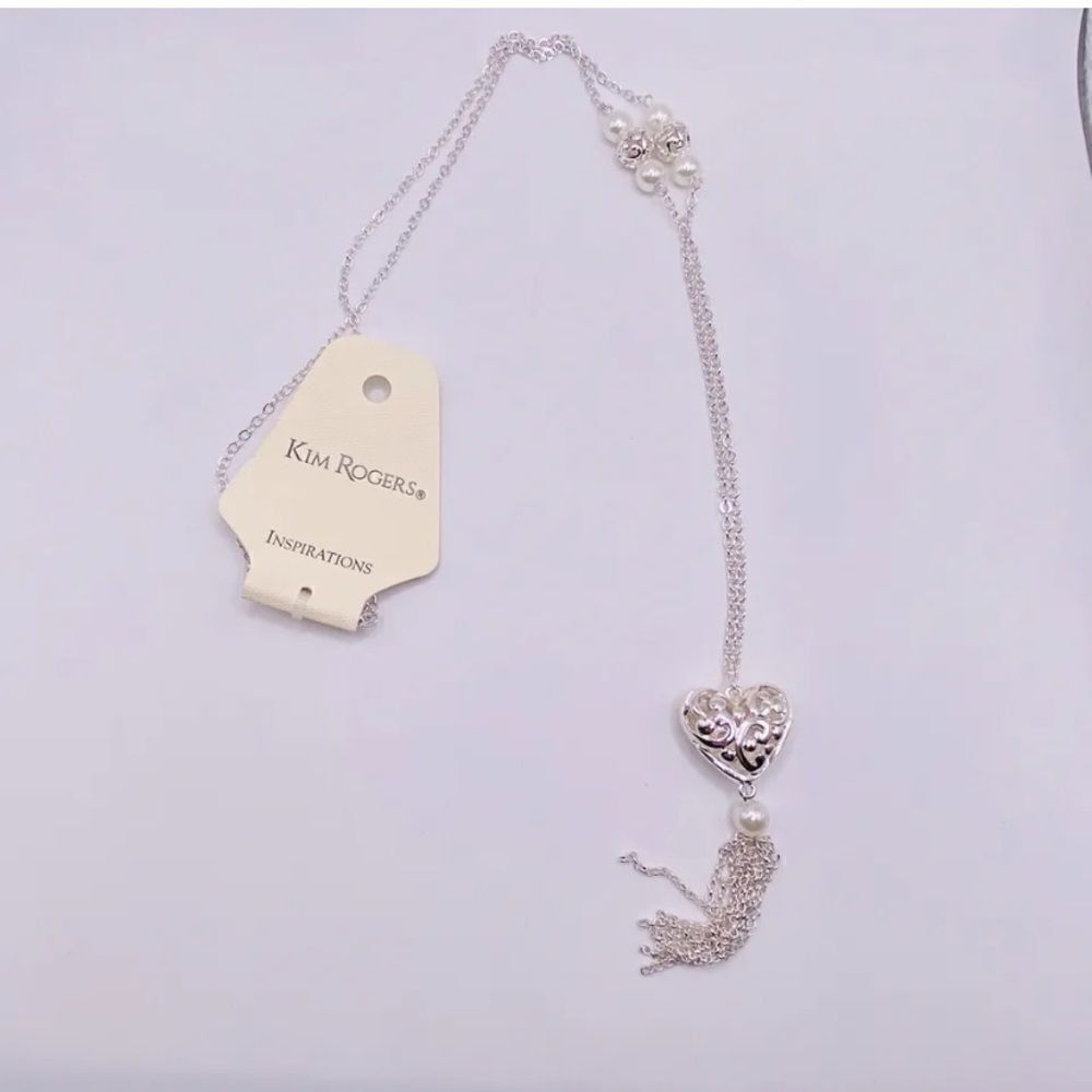 Kim Rogers Inspiration Silvertone Heart Faux Pearl Fringe Long Necklace 32” NWT